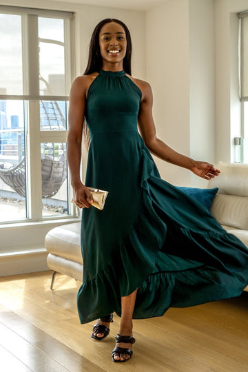 Green Crepe Halter Neck Wrap Front Frill Maxi Dress Double Second